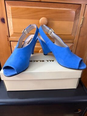 All Black Brand Bright Blue Peep-Toe Slingback Heels